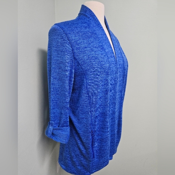 Talbots Cardigan Blue Open Front Quarter Sleeve Buttons & Zipper Pockets Large - Picture 2 of 6